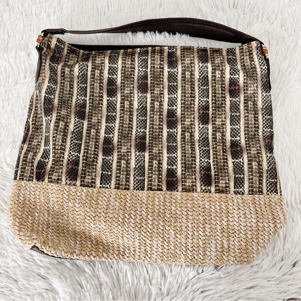 Sondra Roberts Snakeskin and Woven Jute Shoulder Bag